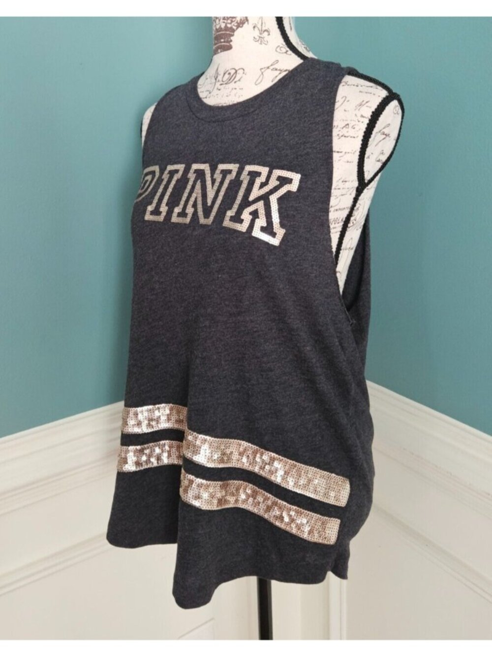 Victoria's Secret L PINK Bling Grey Knit Muscle Tank Top Tee T-Shirt